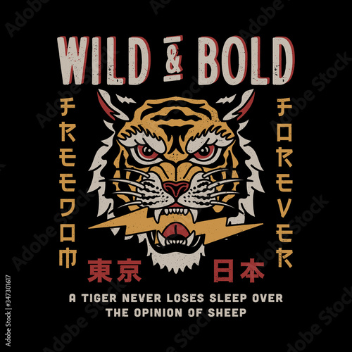 Wild Tiger Head Illustration with Wild and Bold Slogan and Tokyo Japan Words with Japanese Letters Vector Artwork for Apparel and Other Uses