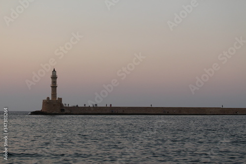 Lighthouse in the old Venetian Harbor of Chania, in Crete Island, Greece.