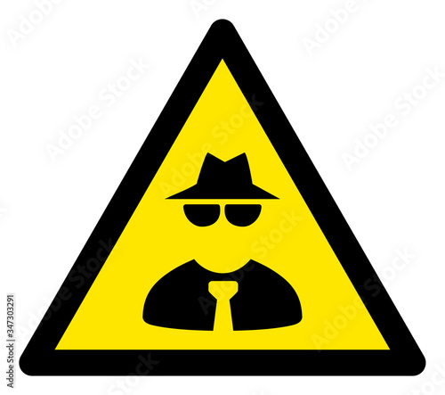 Vector mafia flat warning sign. Triangle icon uses black and yellow colors. Symbol style is a flat mafia attention sign on a white background. Icons designed for problem signals, road signs,