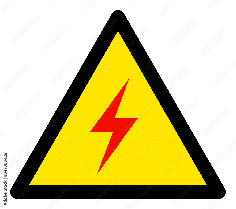 Vector electric spark flat warning sign. Triangle icon uses black and