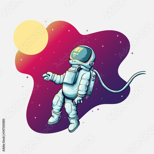 Ilustración vectorial de Astronauta flotando en el espacio exterior con la luna y la galaxia de fondo