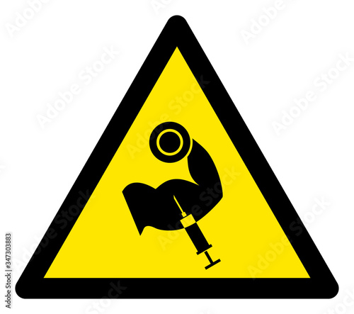 Vector anabolic steroid flat warning sign. Triangle icon uses black and yellow colors. Symbol style is a flat anabolic steroid attention sign on a white background. Icons designed for problem signals,
