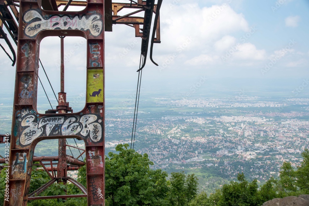 Aerial view of Sofia next to an abandoned cable car tower in Bulgaria Aerial view of Sofia next to an abandoned cable car tower in Bulgaria