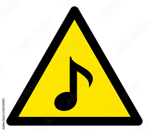 Vector midi music flat warning sign. Triangle icon uses black and yellow colors. Symbol style is a flat midi music hazard sign on a white background. Icons designed for problem signals, road signs,