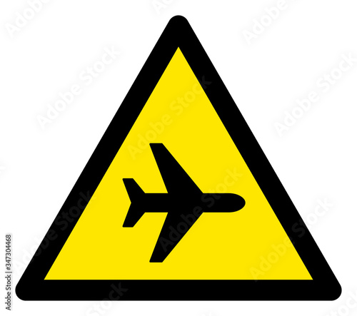 Vector airplane flat warning sign. Triangle icon uses black and yellow colors. Symbol style is a flat airplane attention sign on a white background. Icons designed for careful signals, road signs,