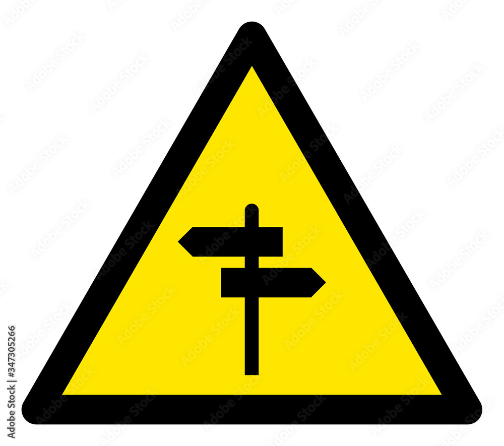 Vector way pointer flat warning sign. Triangle icon uses black and yellow colors. Symbol style is a flat way pointer hazard sign on a white background. Icons designed for caution signals, road signs, Vector way pointer flat warning sign. Triangle icon uses black and yellow colors. Symbol style is a flat way pointer hazard sign on a white background. Icons designed for caution signals, road signs,