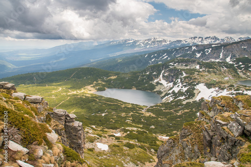 Panorama of glacial lake in Rila National Park in Bulgaria