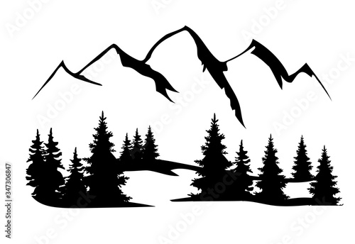 vector mountains and forest silhouette.