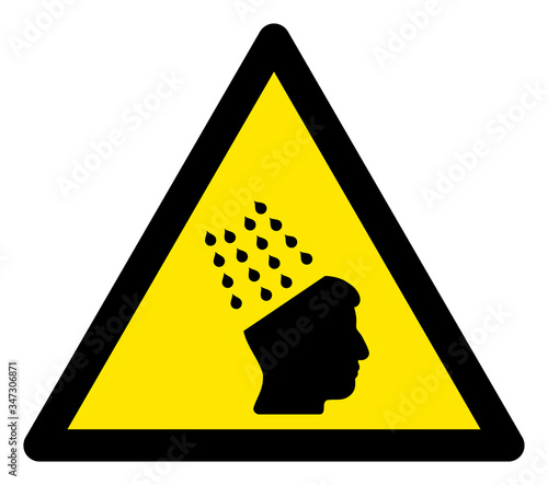 Vector brain washing flat warning sign. Triangle icon uses black and yellow colors. Symbol style is a flat brain washing hazard sign on a white background. Icons designed for caution signals,