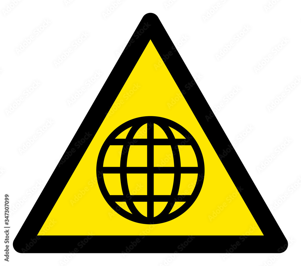 Vector globe flat warning sign. Triangle icon uses black and yellow