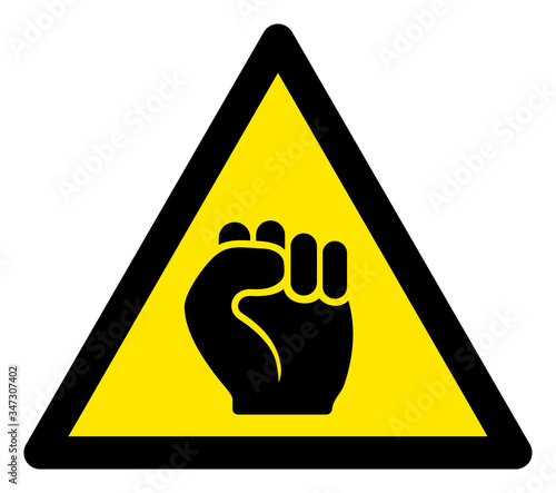 Vector protest fist flat warning sign. Triangle icon uses black and yellow colors. Symbol style is a flat protest fist hazard sign on a white background. Icons designed for problem signals,