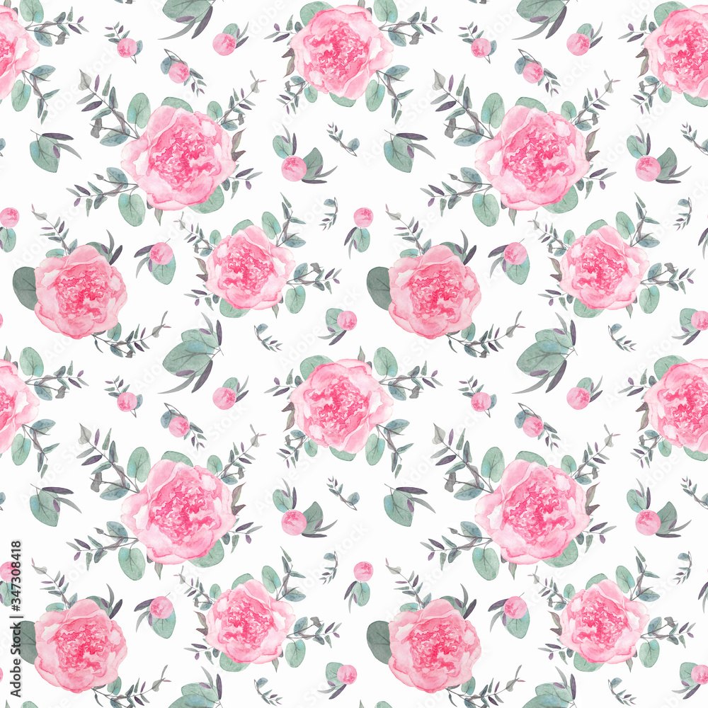 A delicate pattern featuring peony flowers and eucalyptus branches. Hand-painted watercolors. Motif may be used as background texture,
wrapping paper, textile or wallpaper design.