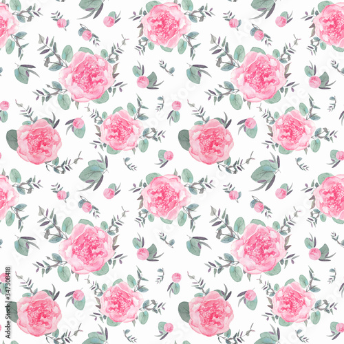 A delicate pattern featuring peony flowers and eucalyptus branches. Hand-painted watercolors. Motif may be used as background texture, wrapping paper, textile or wallpaper design.