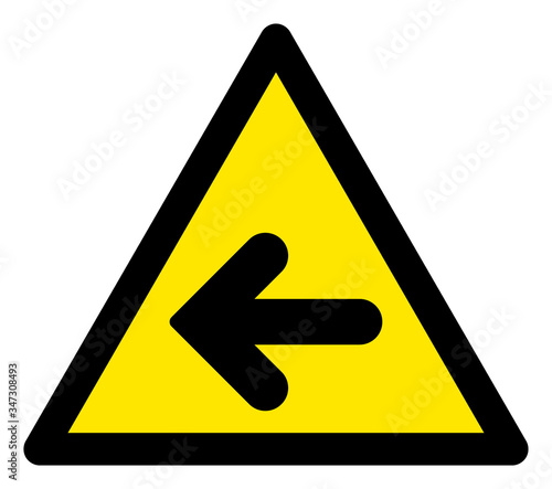 Vector left arrow flat warning sign. Triangle icon uses black and yellow colors. Symbol style is a flat left arrow hazard sign on a white background. Icons designed for caution signals, road signs,