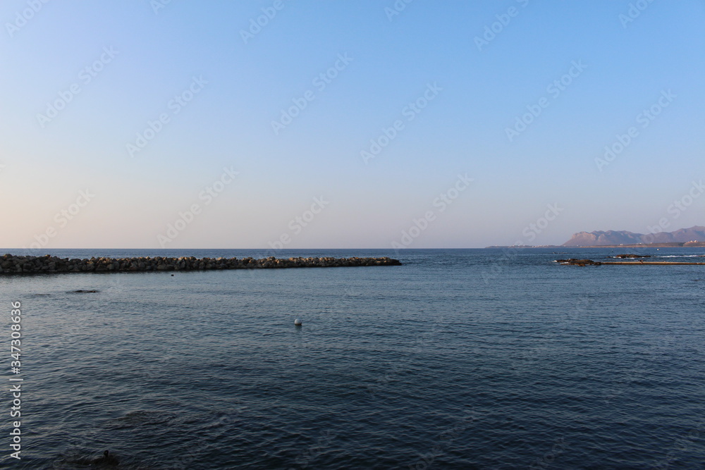 Blue Mediterranean sea horizon in a sunny day in Chania, Crete Island, Greece.