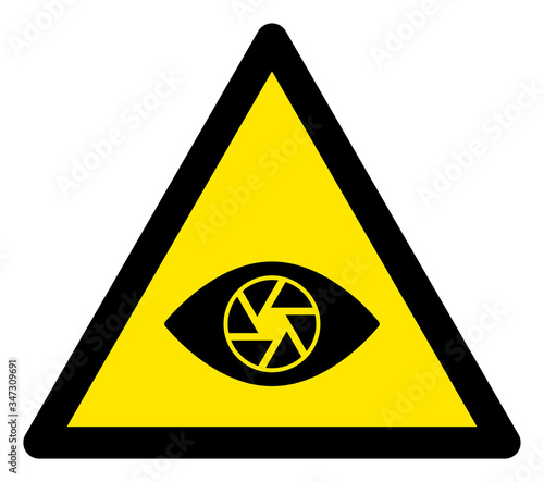 Vector artificial vision flat warning sign. Triangle icon uses black and yellow colors. Symbol style is a flat artificial vision attention sign on a white background.