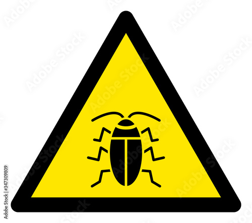 Vector cockroach flat warning sign. Triangle icon uses black and yellow colors. Symbol style is a flat cockroach attention sign on a white background. Icons designed for notice signals, road signs,
