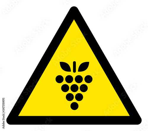 Vector grape flat warning sign. Triangle icon uses black and yellow colors. Symbol style is a flat grape attention sign on a white background. Icons designed for notice signals, road signs,