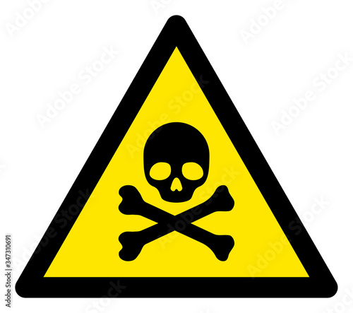 Vector skull and bones flat warning sign. Triangle icon uses black and yellow colors. Symbol style is a flat skull and bones attention sign on a white background. Icons designed for notice signals,