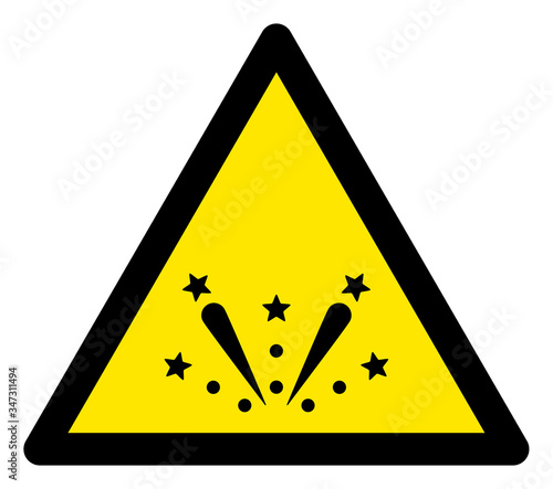 Vector fireworks flat warning sign. Triangle icon uses black and yellow colors. Symbol style is a flat fireworks attention sign on a white background. Icons designed for notice signals, road signs,