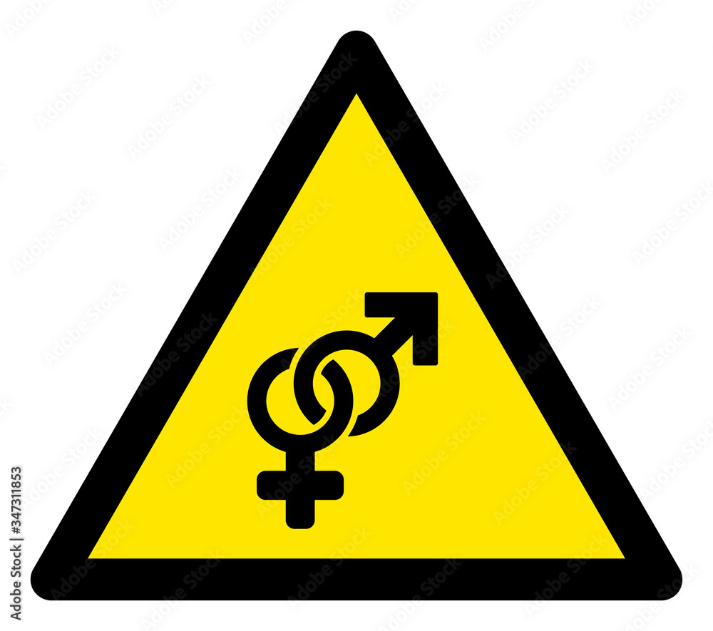 Vector sex symbol flat warning sign. Triangle icon uses black and yellow colors. Symbol style is a flat sex symbol hazard sign on a white background. Icons designed for careful signals, road signs, Vector sex symbol flat warning sign. Triangle icon uses black and yellow colors. Symbol style is a flat sex symbol hazard sign on a white background. Icons designed for careful signals, road signs,
