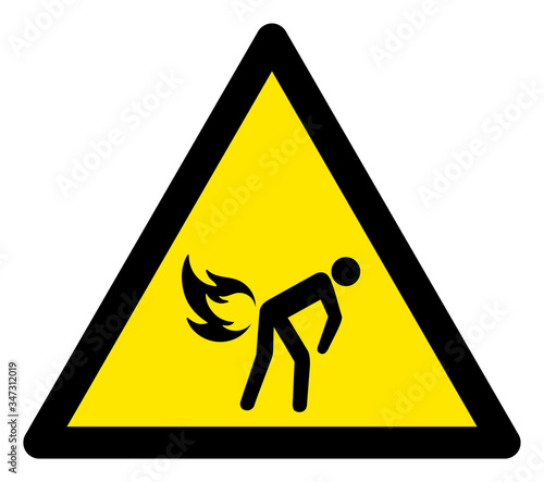 Vector fire fart flat warning sign. Triangle icon uses black and yellow colors. Symbol style is a flat fire fart hazard sign on a white background. Icons designed for problem signals, road signs,