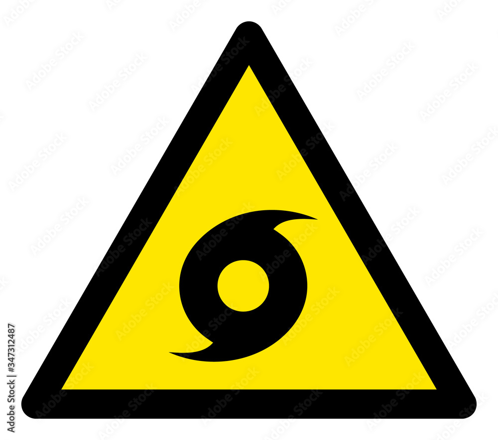 Vector cyclone flat warning sign. Triangle icon uses black and yellow colors. Symbol style is a flat cyclone hazard sign on a white background. Icons designed for problem signals, road signs, Vector cyclone flat warning sign. Triangle icon uses black and yellow colors. Symbol style is a flat cyclone hazard sign on a white background. Icons designed for problem signals, road signs,