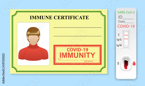 Immune certificate in form of card and rapid test for antibodies coronavirus. Working ID for person is immune to virus SARS disease. Risk free badge for COVID 19.