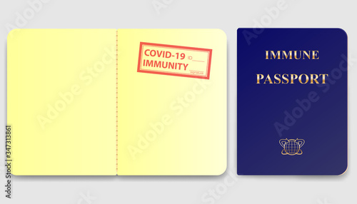 Immunity passport sample design. Travel identity for person is immune to virus SARS disease. Risk free certificate for COVID 19. Realistic concept isolated on light background.