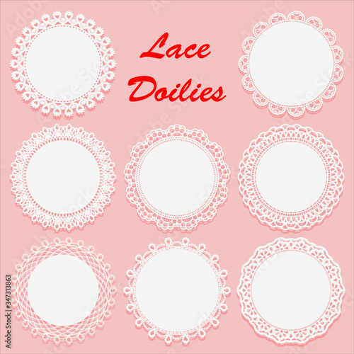 Set of Decorative White lace Doilies. Openwork round frame on a pink background. Vintage Paper Cutout Design.