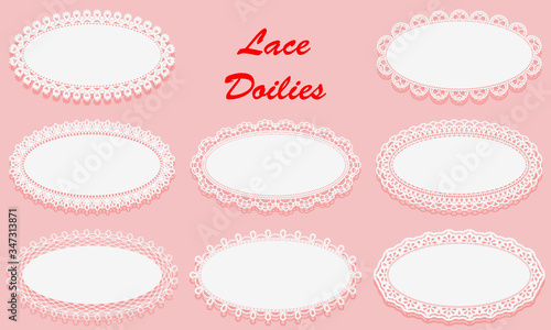Set of Decorative White lace Doilies. Openwork Oval frame on a pink background. Vintage Paper Cutout Design.