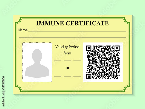 Immune certificate in form of card with a sample QR code. Negative result for coronavirus. Working ID for person with absence of disease virus SARS. Risk free badge for COVID 19. Vector illustration.