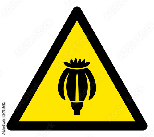 Vector opium poppy flat warning sign. Triangle icon uses black and yellow colors. Symbol style is a flat opium poppy hazard sign on a white background. Icons designed for caution signals, road signs,