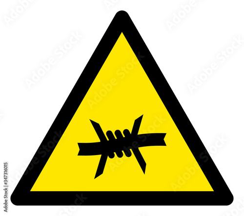 Vector barb wire flat warning sign. Triangle icon uses black and yellow colors. Symbol style is a flat barb wire attention sign on a white background. Icons designed for careful signals, road signs,