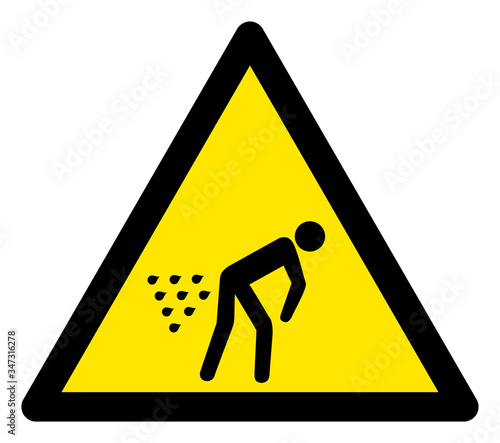 Vector diarrhea flat warning sign. Triangle icon uses black and yellow colors. Symbol style is a flat diarrhea attention sign on a white background. Icons designed for caution signals, road signs,