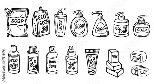 a hand-drawn set of soap accessories isolated on a white background. Soap, shampoo, shower gel, cream. Organic and Eco-friendly cosmetics. Vector illustration in the Doodle style.