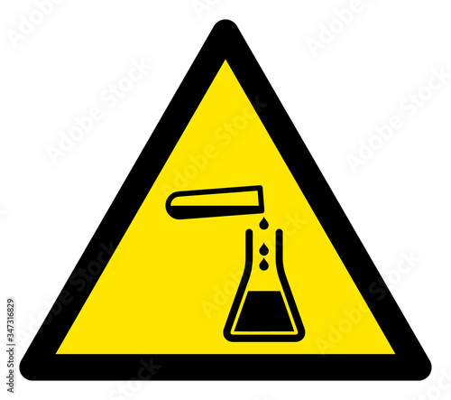 Vector chemistry flat warning sign. Triangle icon uses black and yellow colors. Symbol style is a flat chemistry hazard sign on a white background. Icons designed for careful signals, road signs,