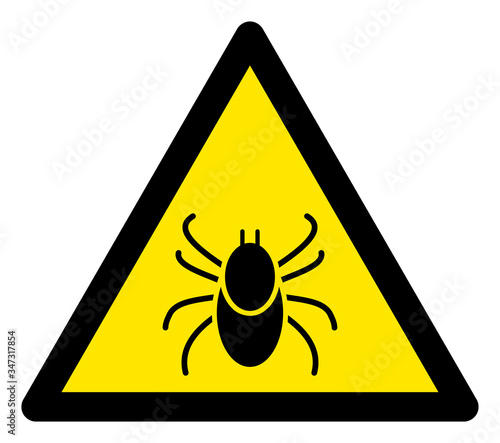 Vector mite flat warning sign. Triangle icon uses black and yellow colors. Symbol style is a flat mite attention sign on a white background. Icons designed for careful signals, road signs,