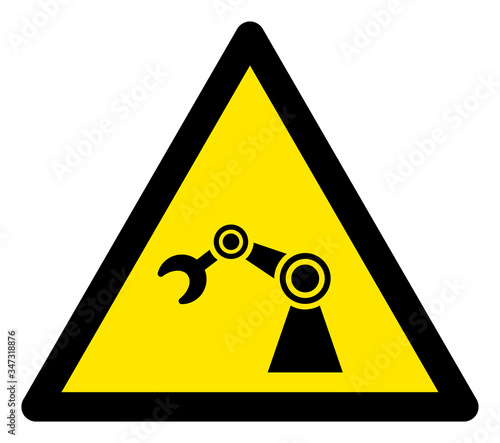 Vector industrial robot flat warning sign. Triangle icon uses black and yellow colors. Symbol style is a flat industrial robot hazard sign on a white background. Icons designed for problem signals,