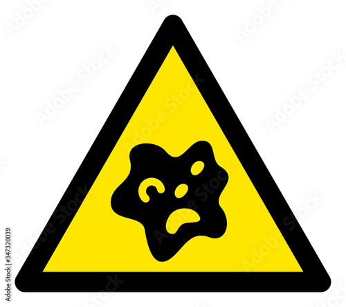 Vector bacilla flat warning sign. Triangle icon uses black and yellow colors. Symbol style is a flat bacilla attention sign on a white background. Icons designed for notice signals, road signs,