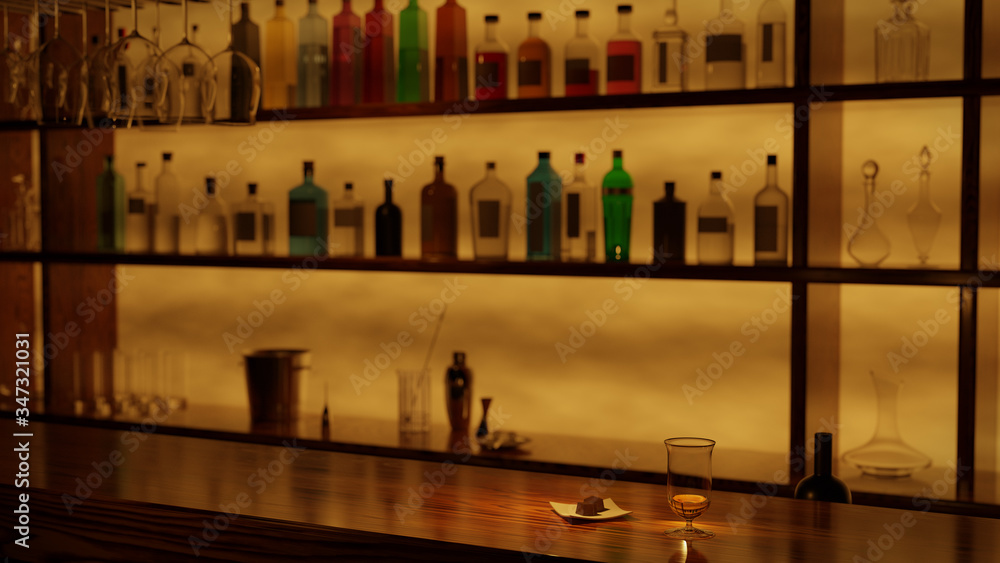 A glass of whiskey and a chocolate plate placed on a wooden bar counter. 3D rendering.