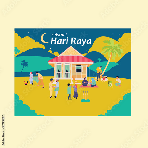 vector illustration of HARI RAYA (aid) at hometown with family