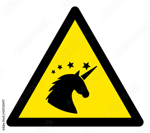 Vector magic unicorn flat warning sign. Triangle icon uses black and yellow colors. Symbol style is a flat magic unicorn attention sign on a white background. Icons designed for careful signals,
