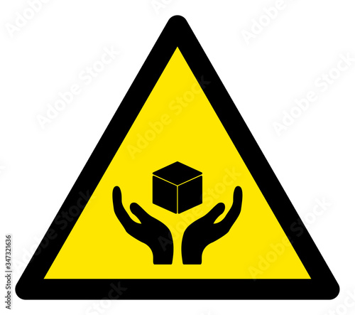 Vector care handle flat warning sign. Triangle icon uses black and yellow colors. Symbol style is a flat care handle attention sign on a white background. Icons designed for notice signals,