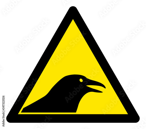 Vector crow bird flat warning sign. Triangle icon uses black and yellow colors. Symbol style is a flat crow bird hazard sign on a white background. Icons designed for problem signals, road signs,