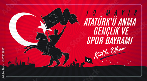 Milli Mücadelenin 101. Yılı, 19 Mayıs Atatürk'ü Anma, Gençlik ve Spor Bayramı Kutlu Olsun. Tebrik Kartı. Translation: 19 may Commemoration of Ataturk, Youth and Sports Day, 101th Year. Greeting Card.