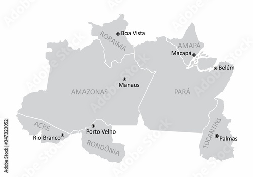 Map of the Brazil north region with the main cities isolated on white background
