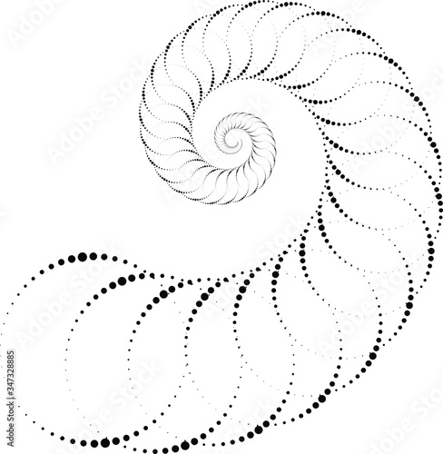 Black abstract spiral shape. Halftone dots. Geometric art. Trendy design element for frame, logo, tattoo, sign, symbol, web, prints, posters, template, pattern and abstract background  © Karloni