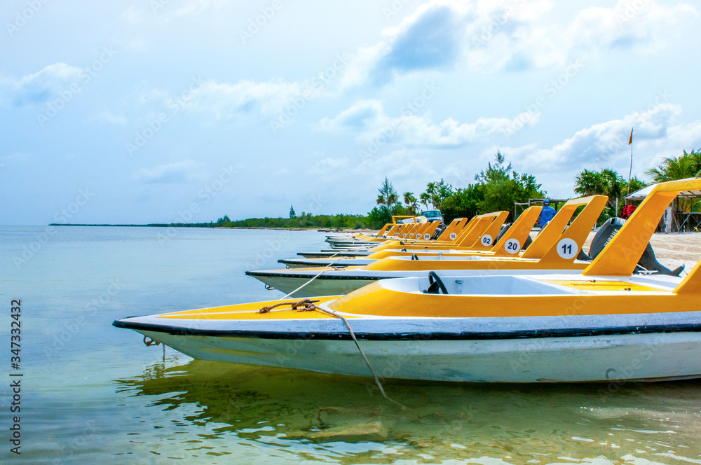 Fototapeta premium Line-up of high speed boats in water.