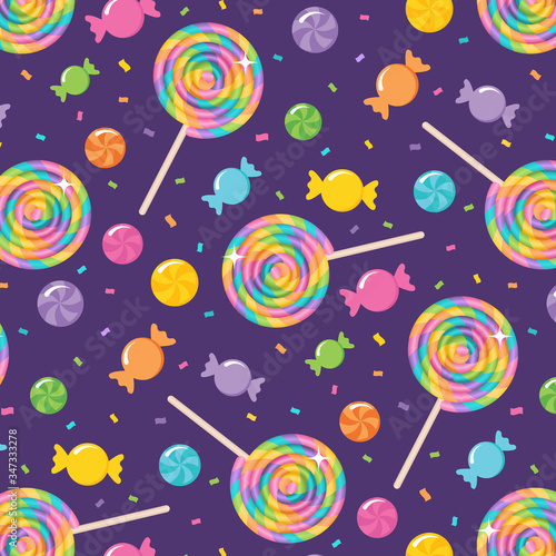 A vector illustration of a seamless repeating pattern of colorful rainbow swirl lollipops and candy